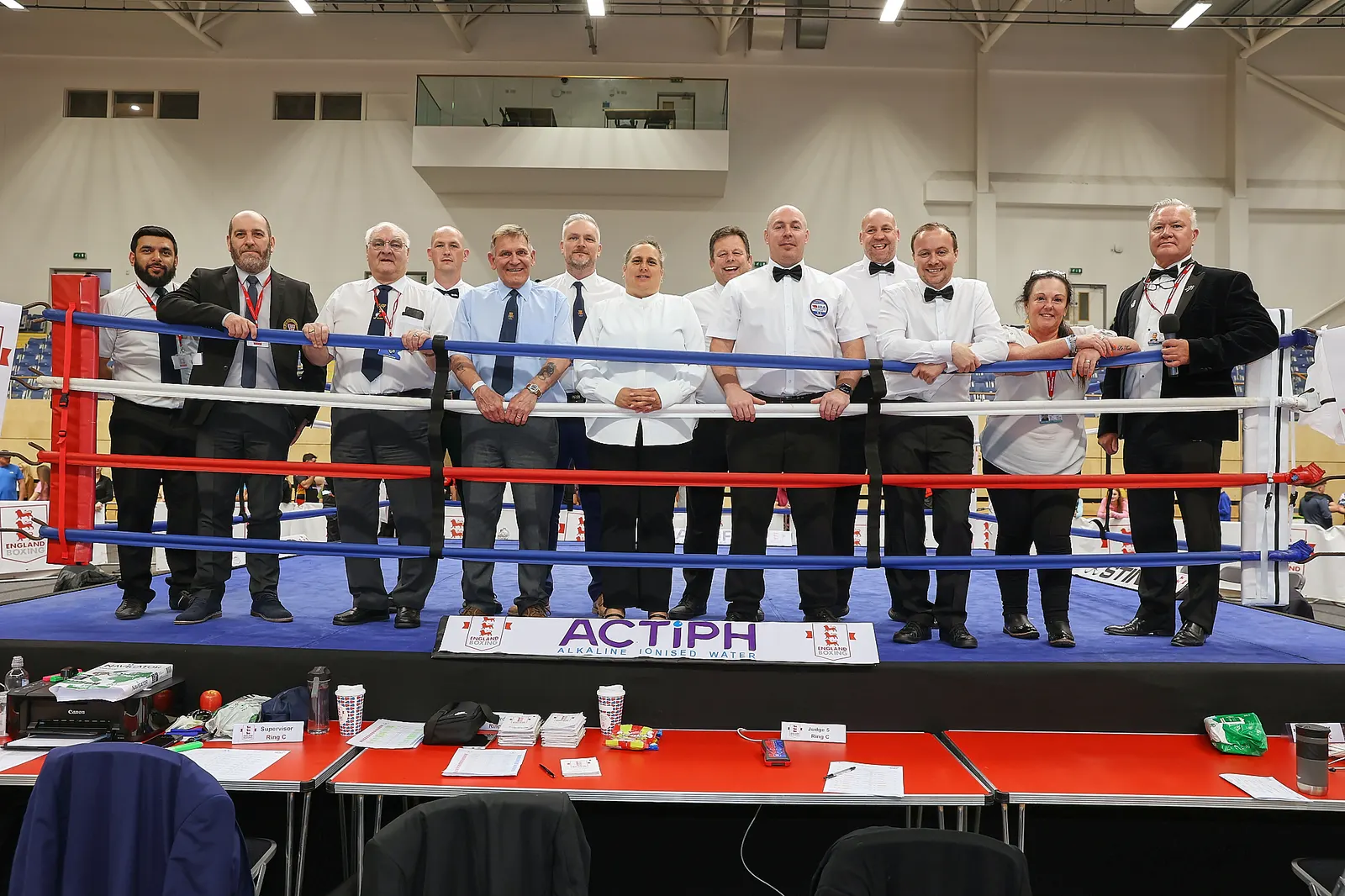 Championship officials lined up in the ring at an England Boxing national event in Newcastle