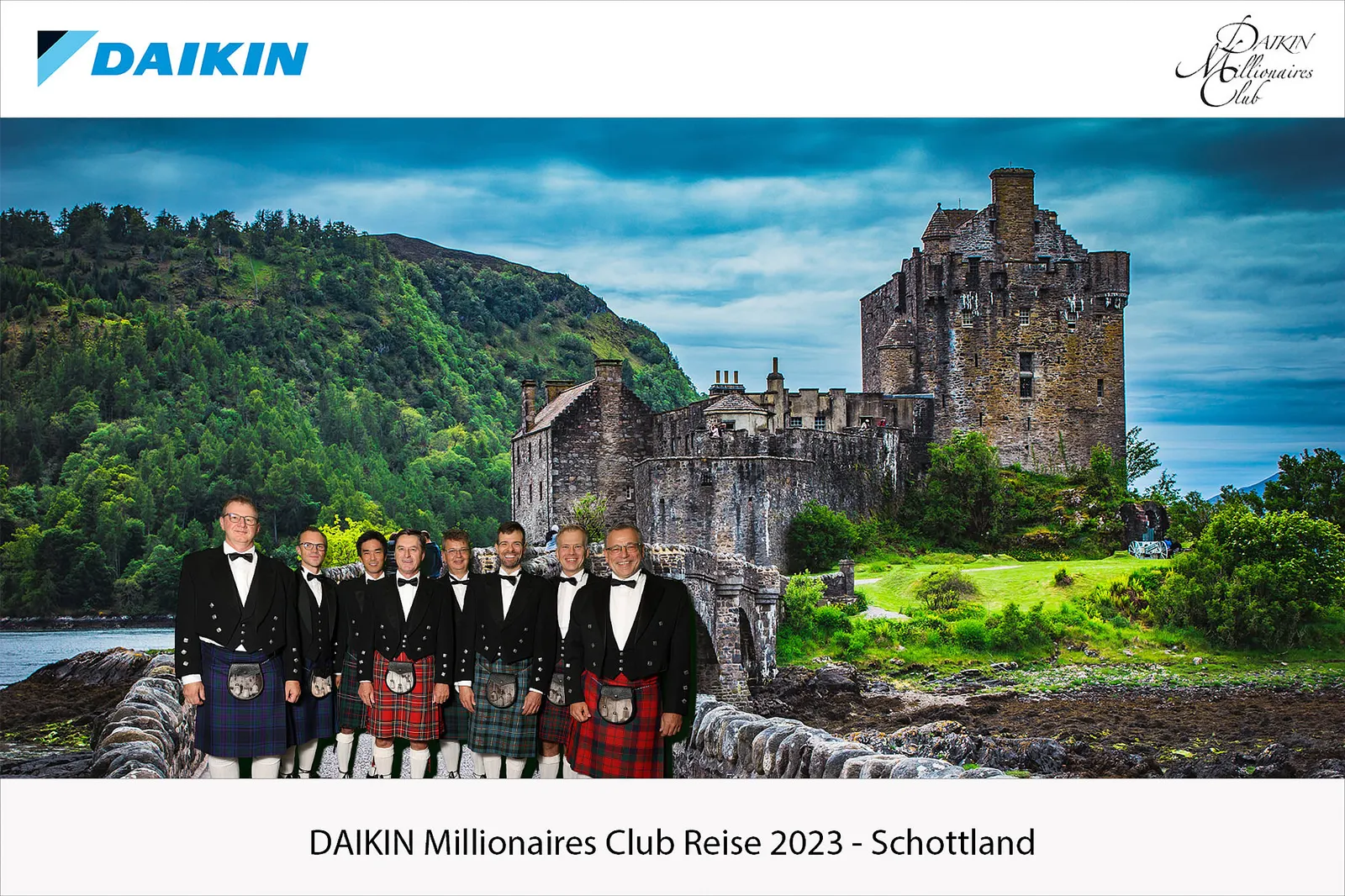 Group in Highland dress composited onto a Scottish castle backdrop with green screen