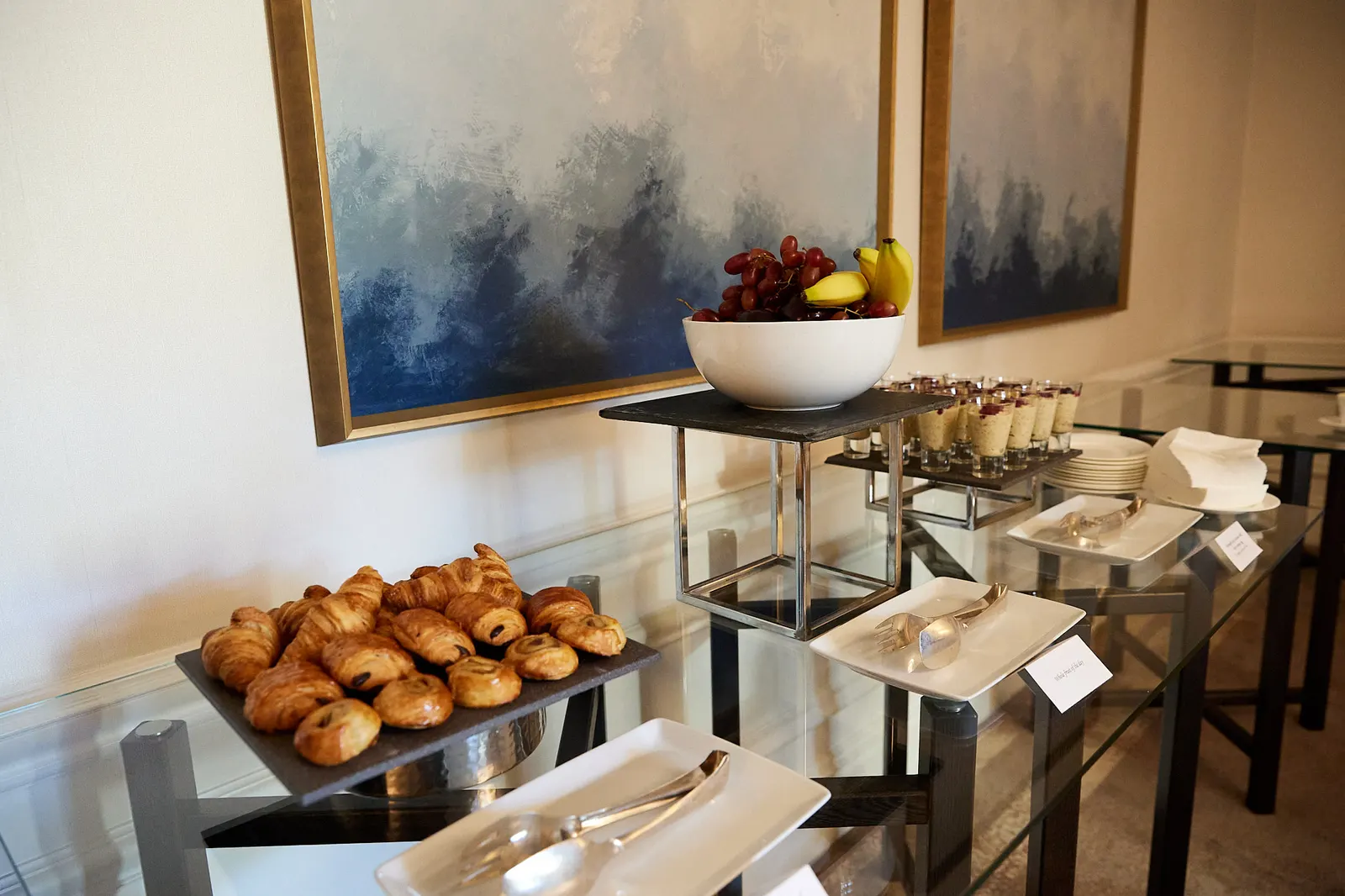 Pastries and refreshments laid out for a corporate away-day at a London hotel