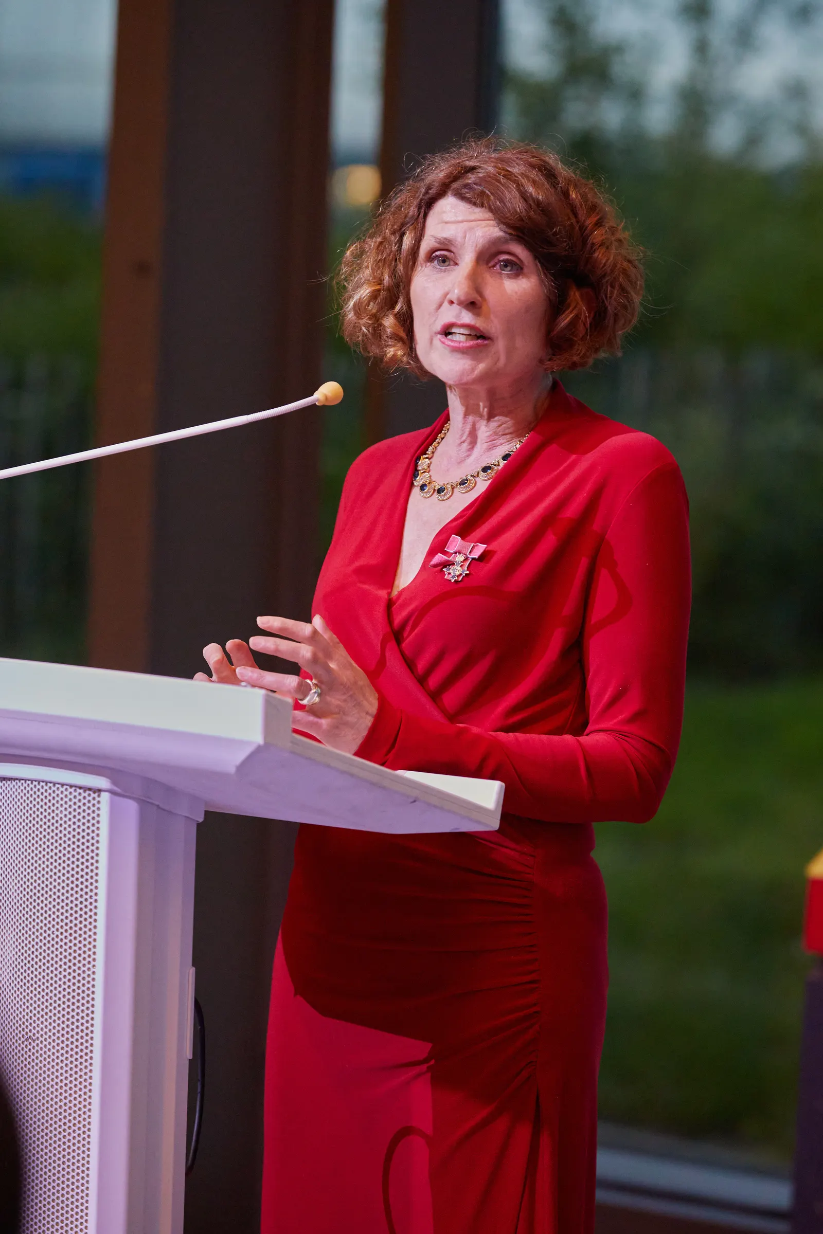 Speaker in a red dress addressing guests from a lectern at a formal dinner