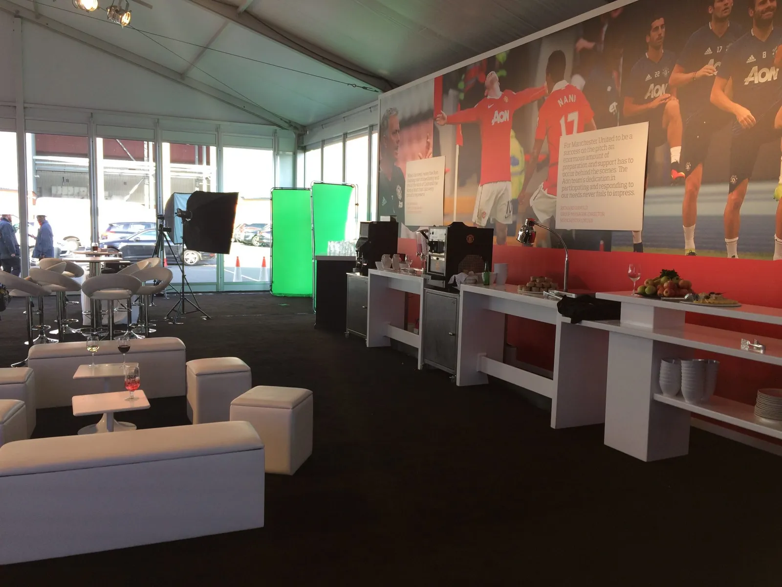 Green screen studio set up in the Aon hospitality suite at a Manchester United event