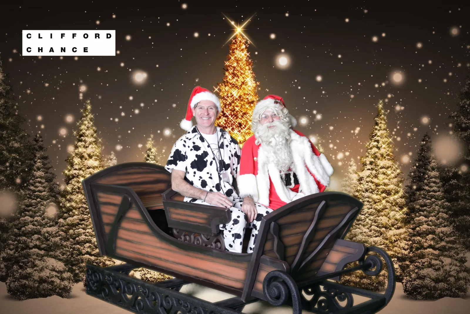 Christmas party green screen composite with Santa and sleigh