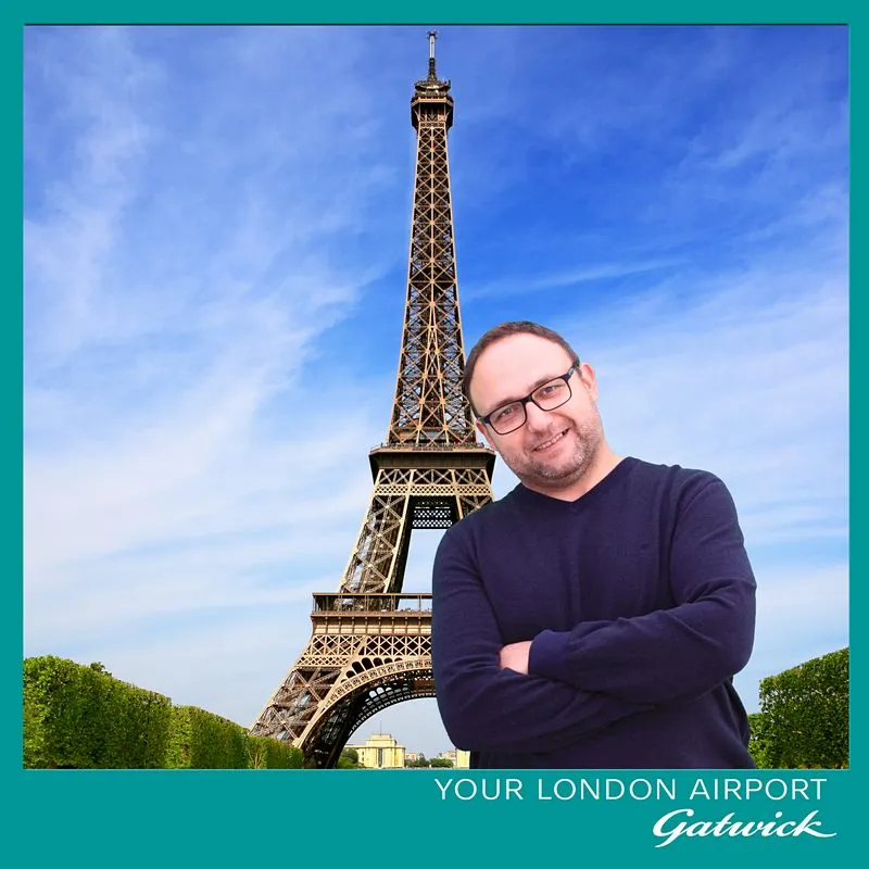 Gatwick-branded green screen composite with an Eiffel Tower backdrop at a family fun day