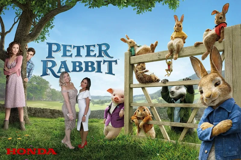 Guests composited into Peter Rabbit film artwork at a green screen premiere party
