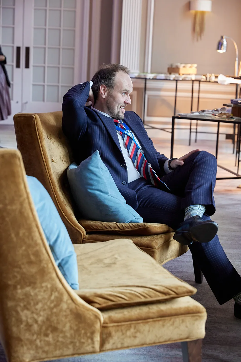 On-location portrait in a hotel lounge